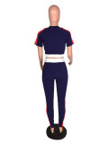Navy Two Piece Pants Set with Contrast Panel