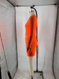 Print Orange Long Sleeve Tight Crop Top & Shorts Set