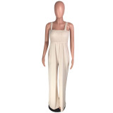 Beige Wide Straps Shirred Jumpsuit