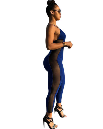 Blue Ribbed Straps Mesh Insert Bodycon Jumpsuit
