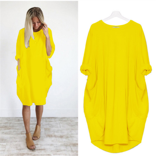 Plus Size Yellow Long Sleeve Oversize Dress with Pockets