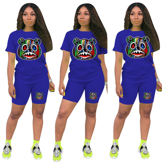 Cartoon Print Blue Two Piece Shorts Set
