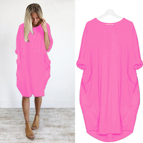 Hot Pink Plus Size Long Sleeve Oversize Dress with Pockets