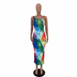 Tie Dye Multicolor Sleeveless Strappy Back Maxi Dress