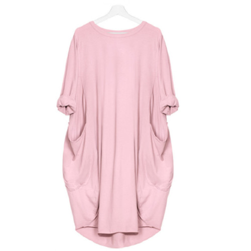 Plus Size Pink Long Sleeve Oversize Dress with Pockets