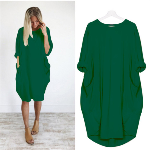 Dark Green Plus Size Long Sleeve Oversize Dress with Pockets