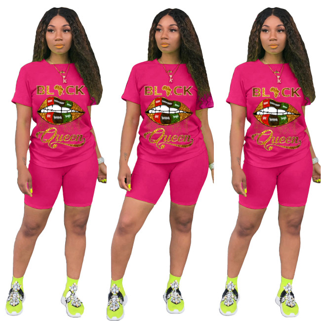 Plus Size Hot Pink Mouth Printed Two Piece Shorts Set