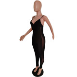 Black Ribbed Straps Mesh Insert Bodycon Jumpsuit