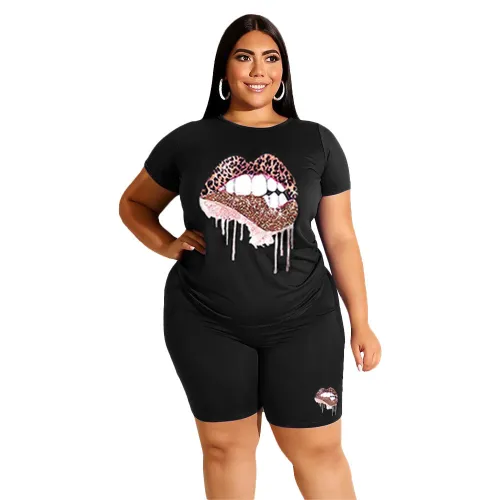 Plus Black Leopard Lip Two Piece Shorts Set