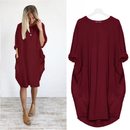 Plus Size Burgundy Long Sleeve Oversize Dress with Pockets