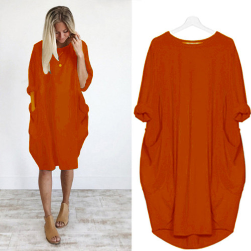 Plus Size Orange Long Sleeve Oversize Dress with Pockets