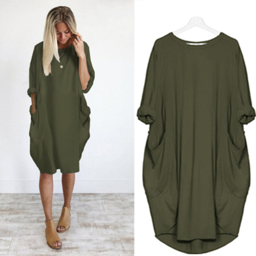 Plus Size Army Green Long Sleeve Oversize Dress with Pockets