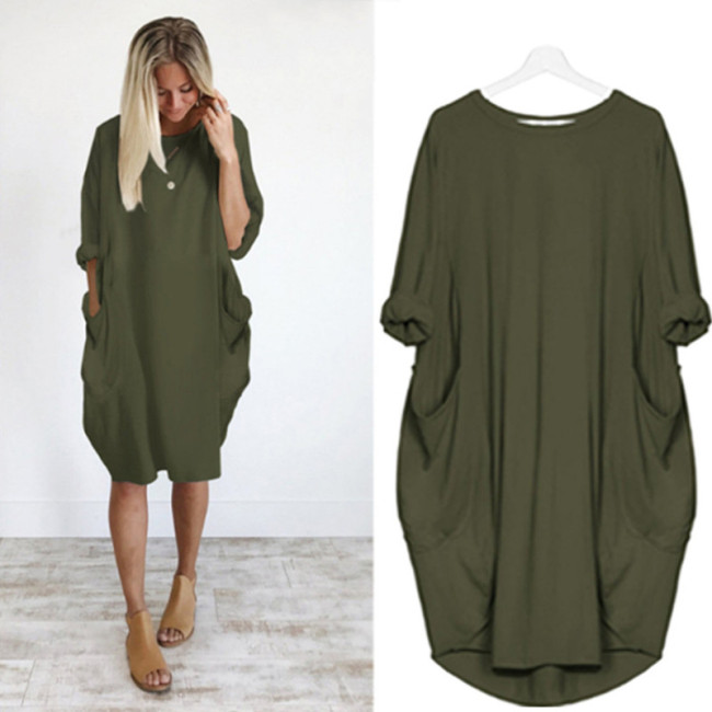 Plus Size Army Green Long Sleeve Oversize Dress with Pockets