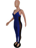 Blue Ribbed Straps Mesh Insert Bodycon Jumpsuit