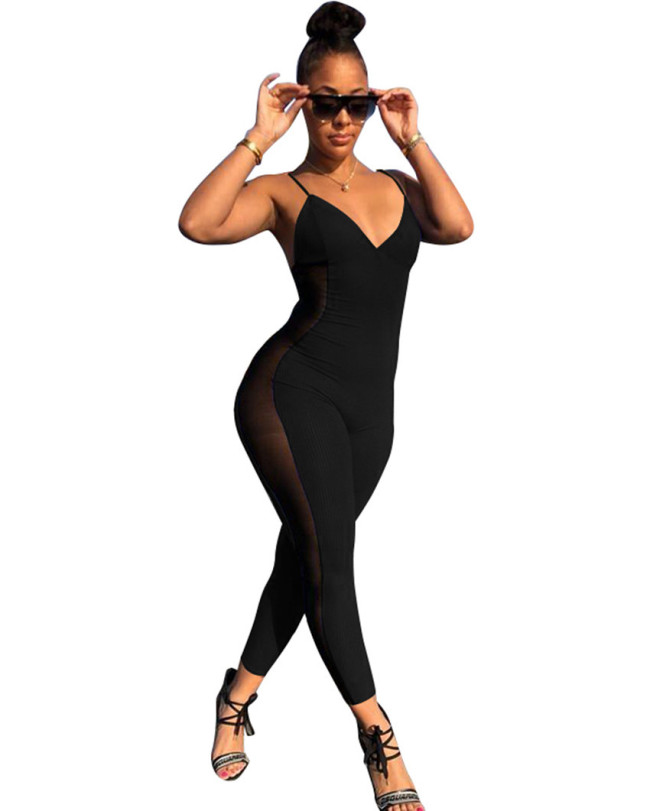 Black Ribbed Straps Mesh Insert Bodycon Jumpsuit