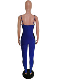 Blue Ribbed Straps Mesh Insert Bodycon Jumpsuit
