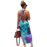 Tie Dye Blue & Purple Sleeveless Strappy Back Maxi Dress