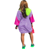 Colorblock Purple Hooded Elastic Hem Oversized Dress