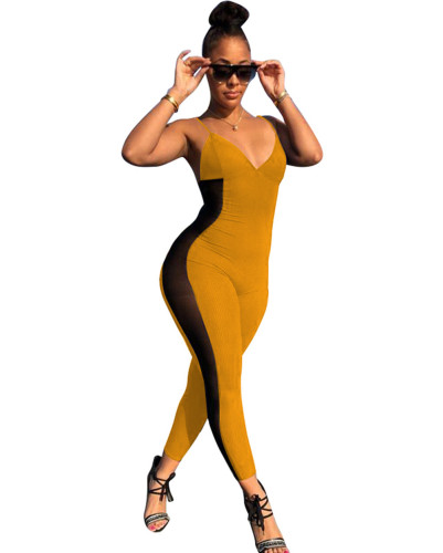 Yellow Ribbed Straps Mesh Insert Bodycon Jumpsuit