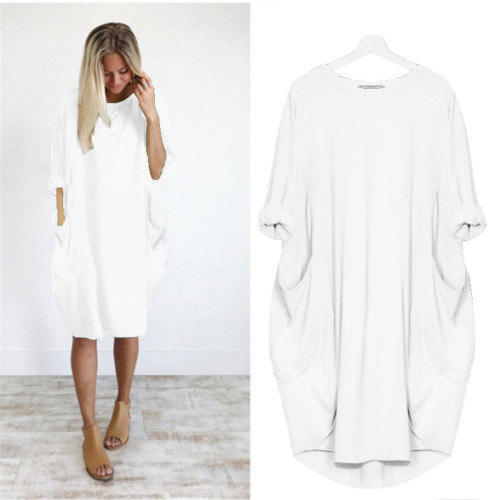 Plus Size White Long Sleeve Oversize Dress with Pockets
