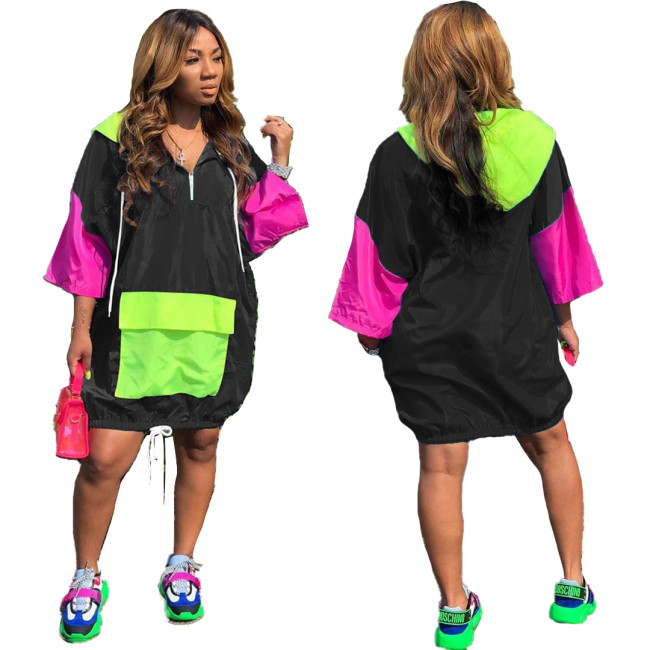 Colorblock Black Hooded Elastic Hem Oversized Dress