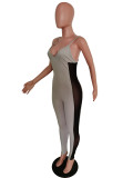 Gray Ribbed Straps Mesh Insert Bodycon Jumpsuit