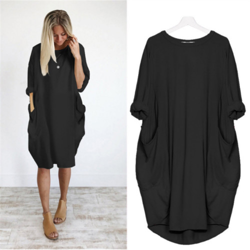 Plus Size Black Long Sleeve Oversize Dress with Pockets