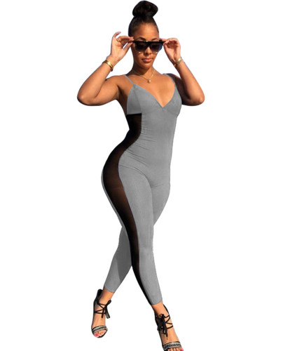 Gray Ribbed Straps Mesh Insert Bodycon Jumpsuit