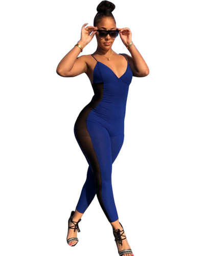 Blue Ribbed Straps Mesh Insert Bodycon Jumpsuit