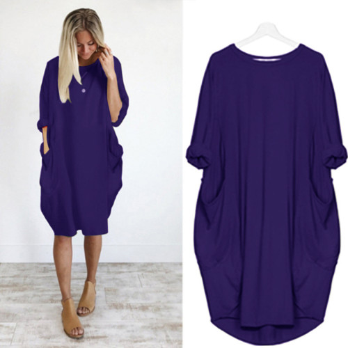 Purple Plus Size Long Sleeve Oversize Dress with Pockets