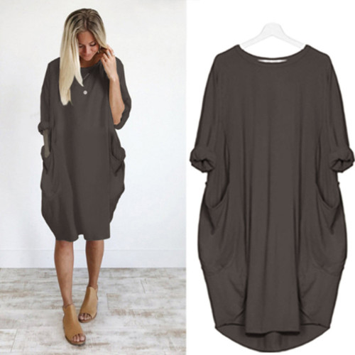 Coffee Plus Size Long Sleeve Oversize Dress with Pockets