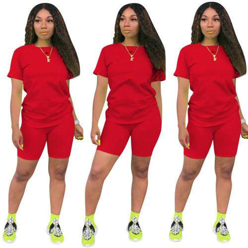 Plus Size Red Cotton Like Basic Two Piece Shorts Set