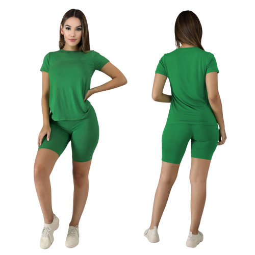 Plus Size Green Cotton Like Basic Two Piece Shorts Set