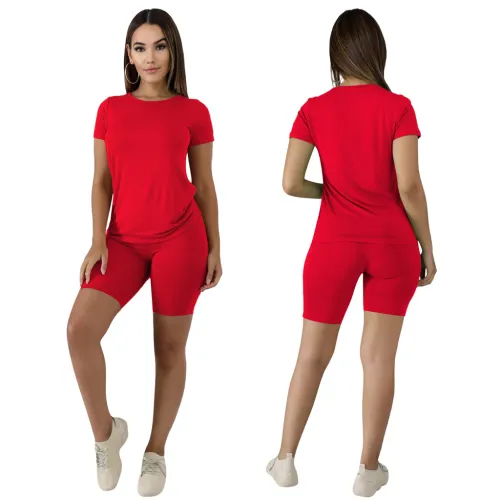 Plus Size Red Cotton Like Basic Two Piece Shorts Set