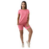 Plus Size Pink Cotton Like Basic Two Piece Shorts Set