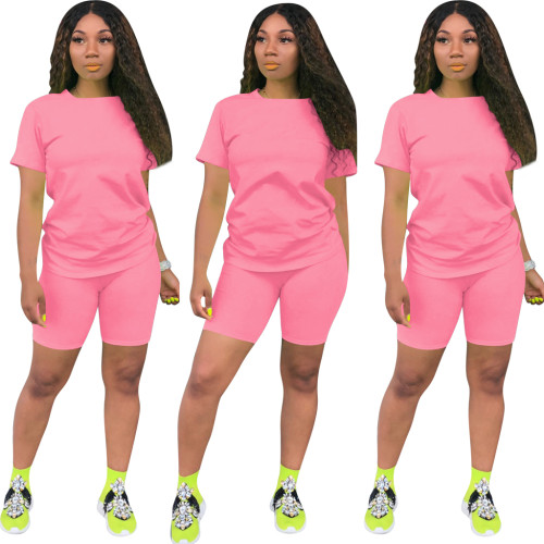 Plus Size Pink Cotton Like Basic Two Piece Shorts Set