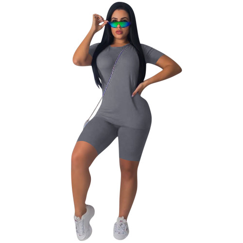 Plus Size Gray Cotton Like Basic Two Piece Shorts Set