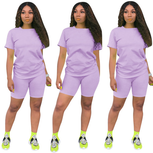 Plus Size Lilac Cotton Like Basic Two Piece Shorts Set