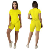 Plus Size Yellow Cotton Like Basic Two Piece Shorts Set