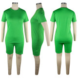 Plus Size Green Cotton Like Basic Two Piece Shorts Set