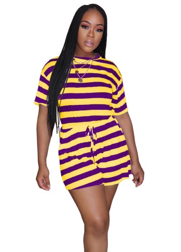 Yellow and Purple Stripes Drawstring Rompers