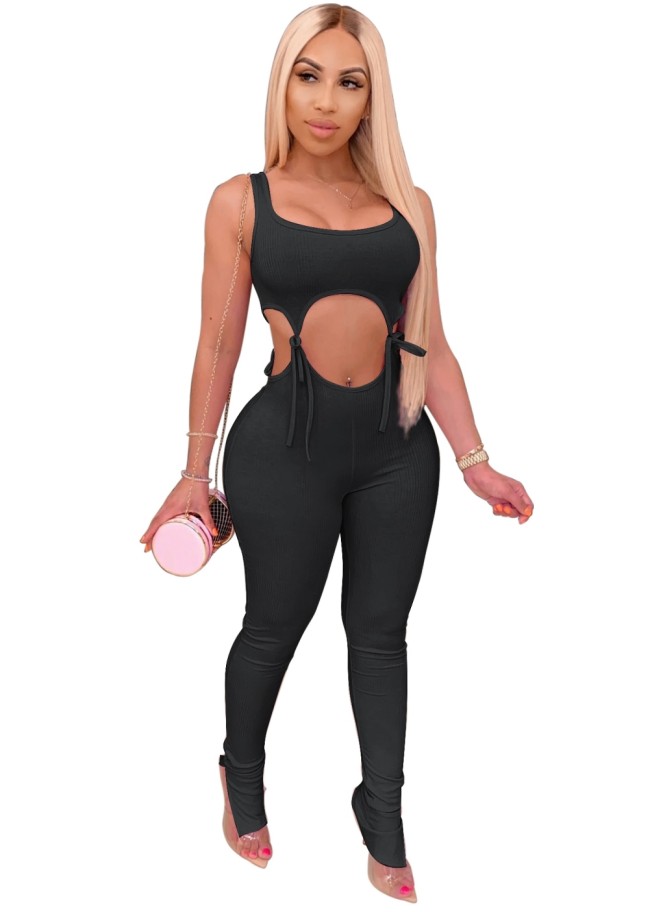 Black Scoop Neck Cut Out Strings Bodycon Jumpsuit