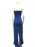 Blue Shirred Strapless Loose Jumpsuit