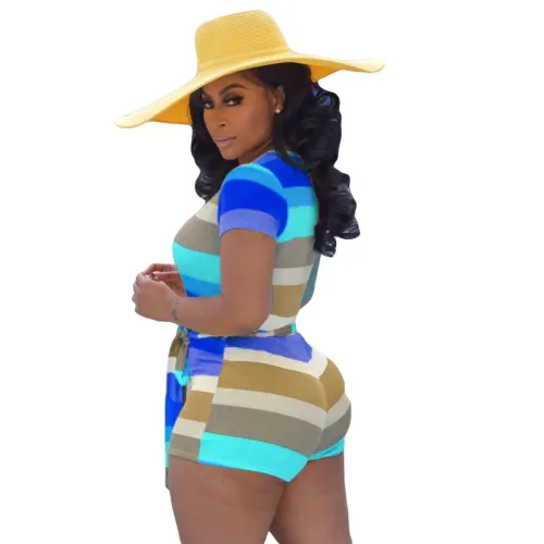 Blue Surplice Stripes Belted Skinny Rompers