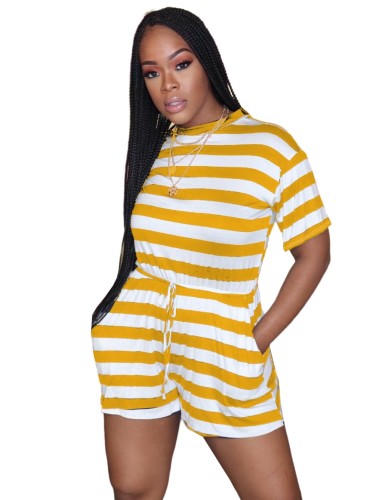 Yellow and White Stripes Drawstring Rompers