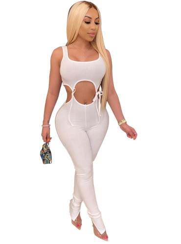 White Scoop Neck Cut Out Strings Bodycon Jumpsuit