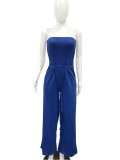 Blue Shirred Strapless Loose Jumpsuit