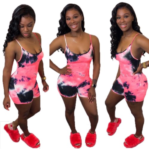 Pink Tie Dye Spaghetti Straps Fitted Rompers