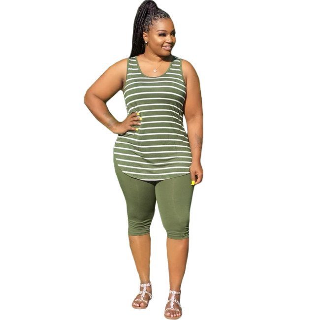 Plus Striped Army Green Tank Top & Solid Shorts Set