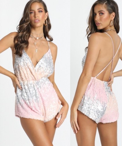 Pink Sexy Backless Sequins Straps Rompers